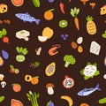 Healthy food pattern. Seamless background with vegetables, fruits, fish, seafood, cheese. Repeating texture design with fresh Royalty Free Stock Photo