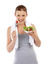 Healthy, food and portrait, girl and salad in studio, white background and wellness for body. Health, vegan and Royalty Free Stock Photo