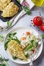 Healthy food: Roast chicken meat and Fried rice with vegetables. Diet menu. Top view flat lay background. Royalty Free Stock Photo