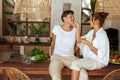 Healthy Food. Romantic Couple At Kitchen In Tropical Villa. Woman And Man Having Fun While Cooking Food For Lunch. Royalty Free Stock Photo