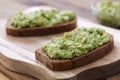 Healthy food. Rye bread with guakomole, avocado pasta on wooden cutting board. Avocado toast for breakfast Royalty Free Stock Photo