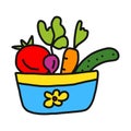 Healthy food with Salad ingredients. Vegetable set with plates in doodle style. Vector design illustartion. Royalty Free Stock Photo