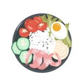 Healthy food. A healthy and satisfying poke bowl lunch made from rice, shrimps, egg, cucumbers, cherry, lettuce and cream cheese. Royalty Free Stock Photo