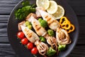 Healthy food seafood: grilled squid with fresh vegetables close-up on a plate on a wooden. horizontal top view Royalty Free Stock Photo