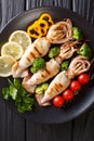Healthy food seafood: grilled squid with fresh vegetables close-up on a plate on a wooden. vertical top view Royalty Free Stock Photo