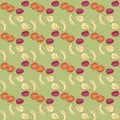 Healthy food seamless pattern with abstract fruits: banana, pear, plum, apple. Pastel green background Royalty Free Stock Photo