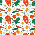 Healthy food seamless pattern. Diet nutrition products. Proteins, fats and carbohydrates balance. Natural vegetables