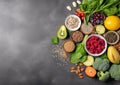 Healthy food selection: fruit, vegetable, seeds, superfood, cereals, leaf vegetable on gray background with copy spaceGenerative