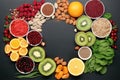 Healthy food selection: fruits, berries, nuts and superfoods