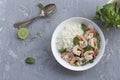 Healthy food shrimp salad has peppermint lemon grass kale has rice in bowl on grey wood background Royalty Free Stock Photo