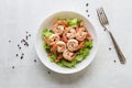 Healthy food shrimp salad lettuce carrot tomato in bowl on wood background Royalty Free Stock Photo