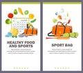 Healthy food and sports, fitness bag website banner template