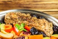 Healthy food, stewed pork meat with various colorful vegetables in pan, selective focus, space for text Royalty Free Stock Photo