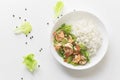 Healthy food stir fried shrimp lemon garlic and rice in bowl on white table Royalty Free Stock Photo