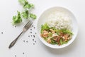 Healthy food stir fried shrimp lemon garlic and rice in bowl on white table Royalty Free Stock Photo