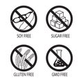 Healthy Food Symbols. Gluten Free. Sugar Free. Gmo Free. Soy Free. Vector Silhouette On A White Background.