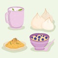 healthy food tea cup cereal rice and garlic icons
