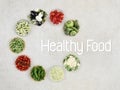 Healthy food text top view vegetables on marble kitchen