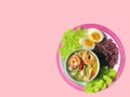 Healthy food Thai shrimp spicy sour soup with riceberry, fresh vegetable and boiled egg. Spicy  ingredient with chili cooking. Royalty Free Stock Photo