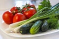 Healthy food: tomatoes, cucumbers and onions Royalty Free Stock Photo