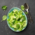 Healthy food. Top view of a fresh green vegetable salad of spinach, lettuce and sesame seeds