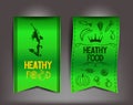 Healthy food vector green labels with icons of products and young woman in a jump