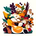 Healthy food vector illustration. Fruits, vegetables, berries, nuts and herbs. AI generated