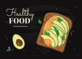 Tasty sandwich with fresh cut avocado, salmon and parsley. Healthy food vector illustration.