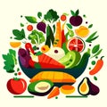 Healthy food vector illustration. Vegetables, fruits and superfoods. AI Generated