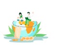 Healthy food, vegan, vegetarian and care for nature vector concept with people sitting on the globe