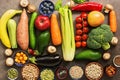 Healthy food for vegan and vegetarian nutrition. The concept of clean eating diet. A variety of vegetables, fruits, legumes,