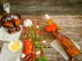 Healthy food vegetable oil dill garlic chili peppers tomato an old board background