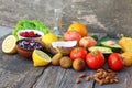 Healthy food of vegetable origin on wooden background. Concept of proper nutrition Royalty Free Stock Photo