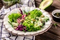 Healthy food. Vegetarian buddha bowl. watermelon radish, avocado, lettuce, microgreen cucumber and radish salad, Top view. Flat