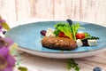 Healthy food vegetarian cutlet decorated with greens