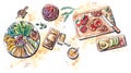 Healthy food vegetble fruits and salad flat lay watercolor illus