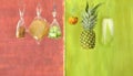 Healthy food versus unhealthful sweets, apple,pineapple,Chinese cabbage and bags of junk food, conceptual image,free copy space Royalty Free Stock Photo