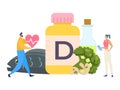 Healthy food, vitamin d, diet, vector Illustration. Foods help replenish body's vitamin supply. Man hold heart