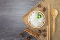 Healthy food, White rice, cooked white rice, cooked plain rice in wooden bowl with cinnamon and star anise, spoon and chopsticks, Royalty Free Stock Photo