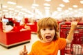 Healthy food for young family with kids. Boy at grocery store or supermarket. Portrait of funny little child holding Royalty Free Stock Photo
