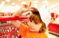 Healthy food for young family with kids. Portrait of funny little child holding shopping bag full of fresh vegetables. Royalty Free Stock Photo