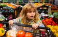 Healthy food for young family with kids. Portrait of smiling little child with shopping cart full of fresh vegetables Royalty Free Stock Photo