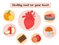 Healthy food for your heart infographic. Concept of food and vitamins, medicine, heart disease prevention. Vector Royalty Free Stock Photo