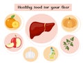 Healthy food for your liver. Concept of food and vitamins, medicine, prevention of liver diseases. Vector illustration