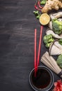 Healthy foods, cooking concept Japanese buckwheat noodles with ginger, oyster mushrooms, soy sauce wooden rustic background to Royalty Free Stock Photo