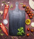 Healthy foods, cooking vegetarian concept variety of vegetables and fruits are laid out around the cutting board, place for te Royalty Free Stock Photo