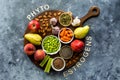 Healthy foods that are high in phytoestrogens on a wooden board against blue. Royalty Free Stock Photo