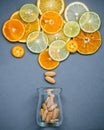 Healthy foods and medicine concept. Bottle of vitamin C and various citrus fruits. Mixed citrus fruits sliced Royalty Free Stock Photo