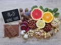 Healthy foods to boost nitric oxide levels with chemical formula of nitric oxide. Fruit, vegetable and nuts high in nitrates.