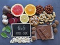 Healthy foods to boost nitric oxide levels with chemical formula of nitric oxide. Fruit, vegetable and nuts high in nitrates.